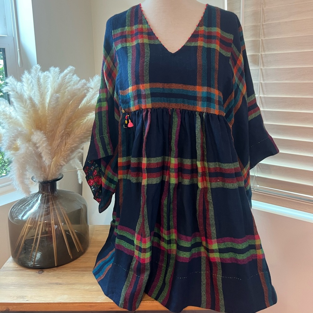 Péro India 100% Wool Madras Plaid Tunic Dress Floral Trim Artisan Size 40